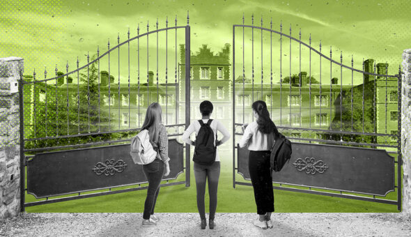 Graphic design showing three students with backpacks waiting to walk through an opening gate door to what looks like a college building behind it.