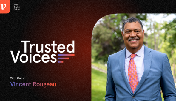 Graphic design showing a black-orange background next to a picture of a Black man in a suit; the word Trusted Voices appears on the background.
