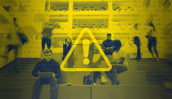 Spambot warning symbol overlayed on a picture of students studying.