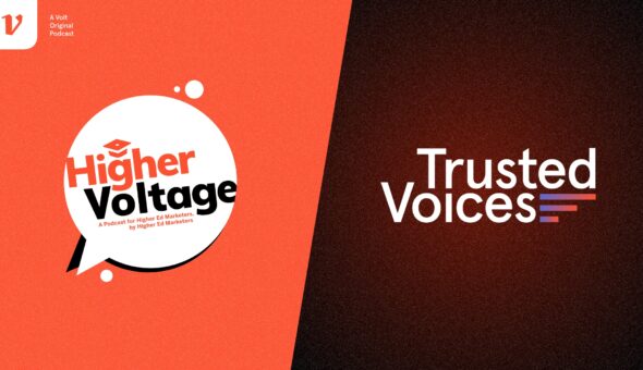 A split screen with an orange background on the left with a logo that says Higher Voltage; on the right is a blackish-orange screen with a logo that says Trusted Voices.