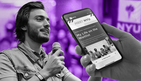 A man with medium-length dark hair wearing a button up shirt talking into a microphone and a hand holding a cell phone with the NYU website displayed.