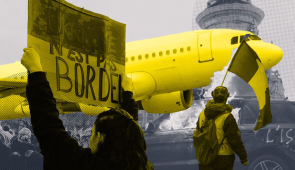 A yellow airplane landing on an airstrip in the background while people protest in the foreground.