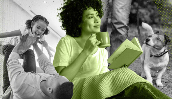 A woman with dark curly hair sitting with a cup of coffee and a book while children play around her.