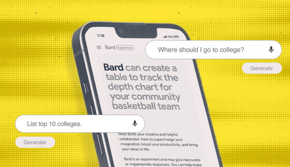 A cell phone displaying the phrase "Bard can create a table to track the depth chart for your community basketball team."
