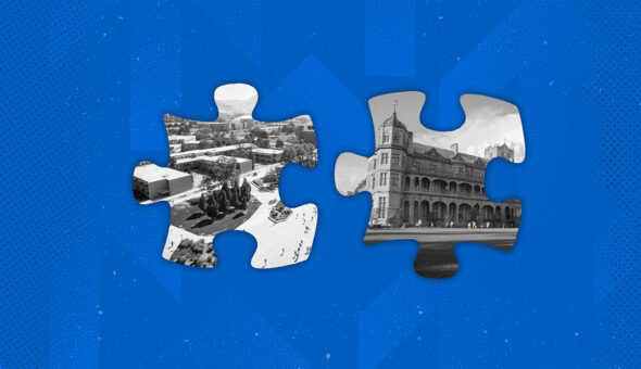 Two puzzle pieces featuring images of different college institutions coming together for a higher ed acquisition