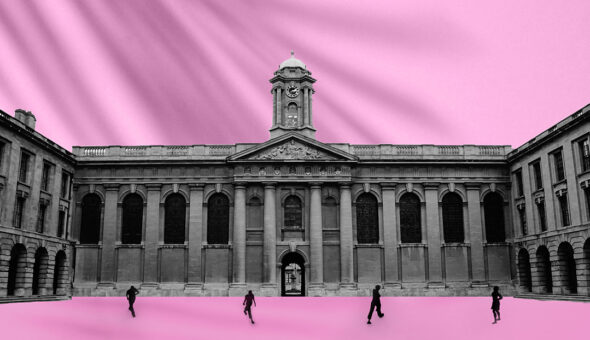 A historical college campus on a Barbie pink background.