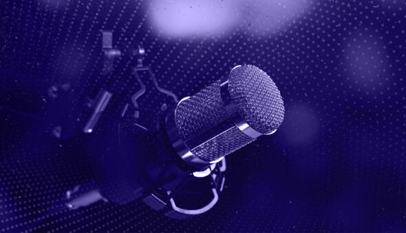 A purple background with a podcast microphone