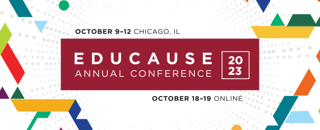 EDUCAUSE 2023 Annual Conference image, red rectangle on white background with colorful geometric shapes and text in the middle.