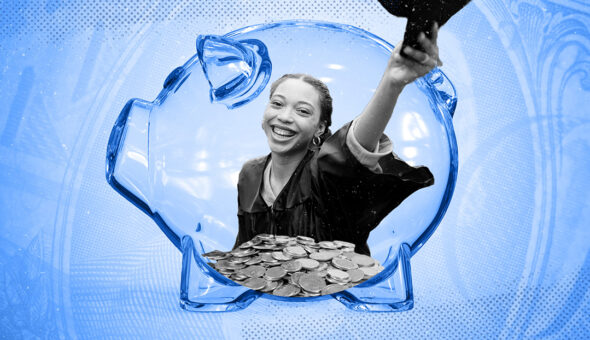 A young woman with dark skin wearing a graduate robe and cap behind a glass piggy bank full of coins.