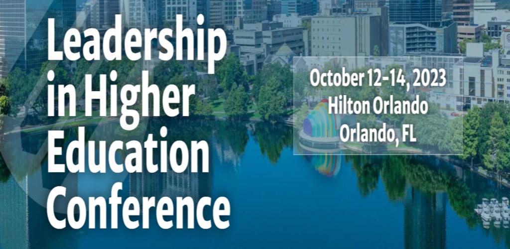 Leadership in Higher Education Conference image, blurred photo of Hilton Orlando views in the background with conference name in white text in the left part of the image and conference location on the right side.