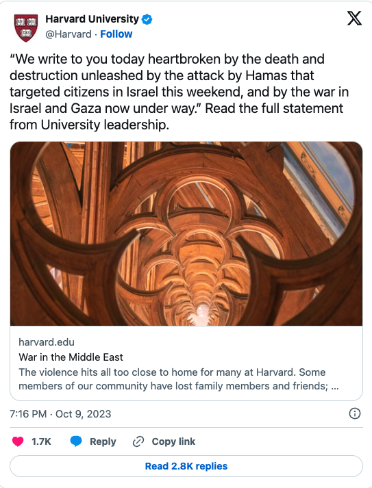 The tweet from Harvard University leadership about the Israel-Hamas conflict.