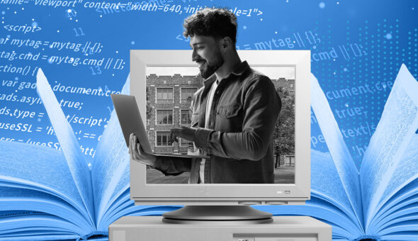 A man with short dark hair and a beard holding a laptop, superimposed over a desktop and mathematical calculations.