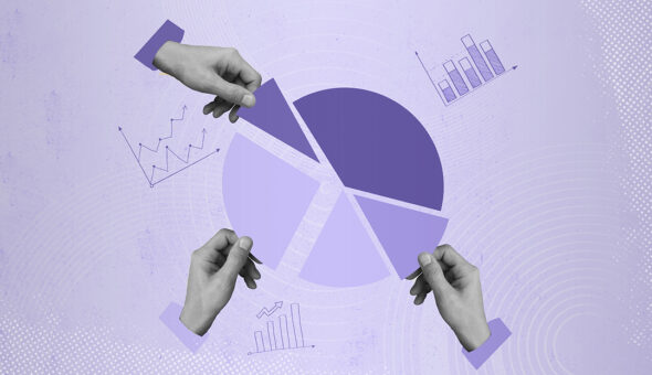 Balancing the brand image - integrated marketing article, light purple background with a multiple shades of purple pie chart and hands taking pieces of the pie chart.