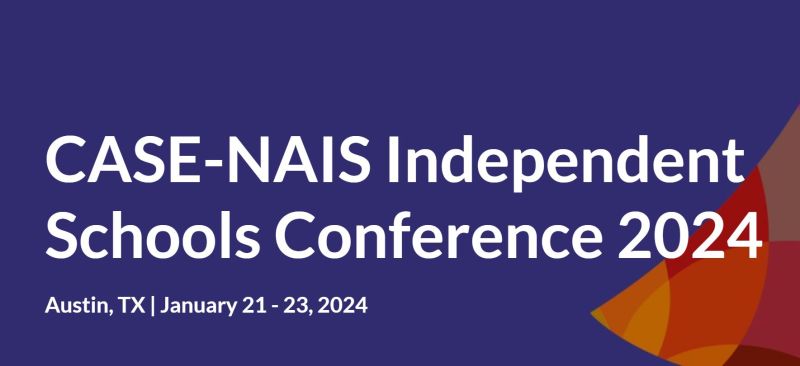 CASE-NAIS Independent Schools Conference 2024 image, purple background with colorful geometric figures in the bottom right corner and white text in the middle.