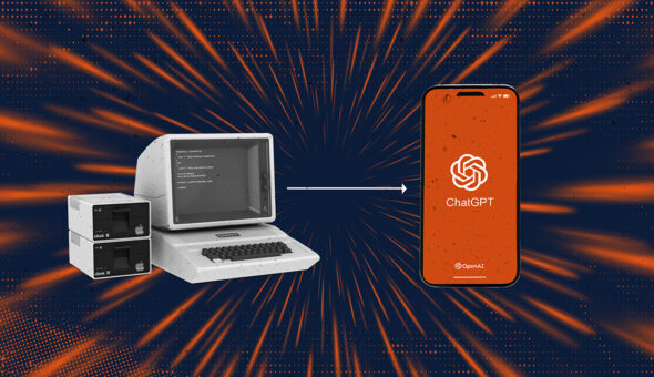 AI article image, old computer with an arrow towards a modern smartphone with an orange screen and chat GPT logo on it.