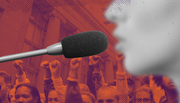 Image of a college protest, a zoomed in mic with a blurred phase speaking into it, crowds of people protesting on the red background as an example of higher ed culture.
