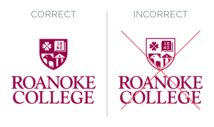 Roanoke College new and old logo, correct and incorrect use cases, maroon logo on a white background.