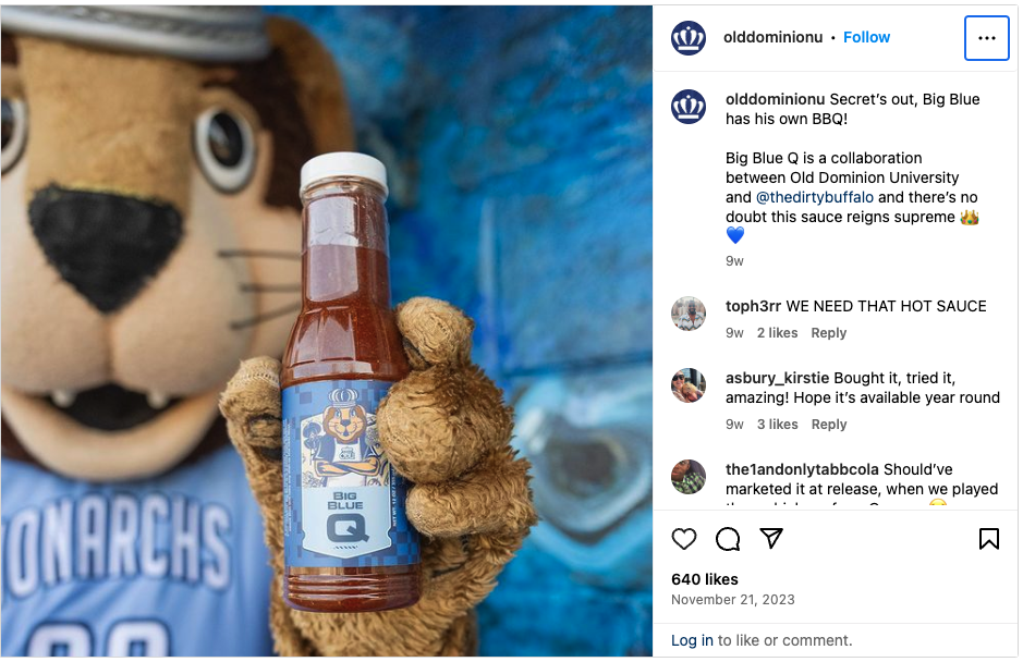 Brand licensing announcement of Old Dominion University's partnership with Big Blue Q barbecue sauce.