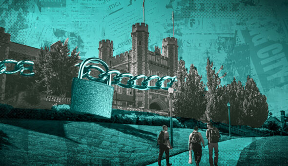 Image of students walking, with university campus in the background with a large lock and chains on top.