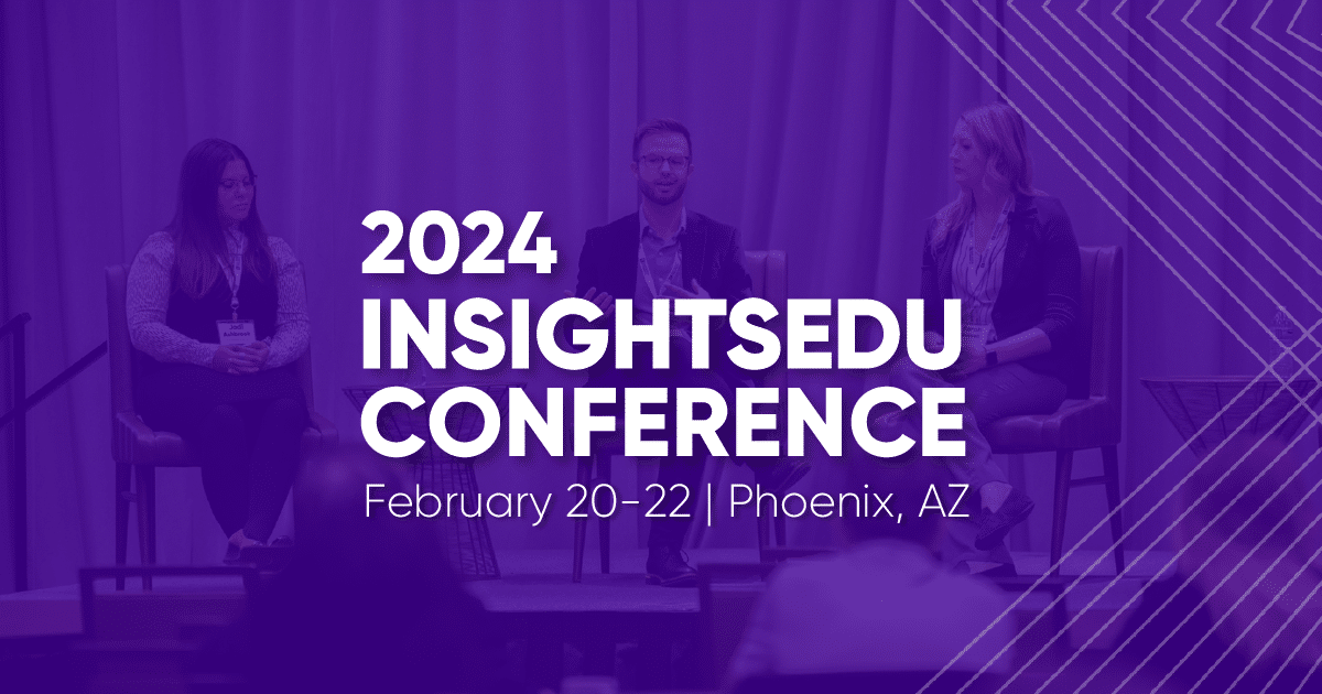 2024 INSIGHTSEDU CONFERENCE image, white letters on a purple background with people conversing