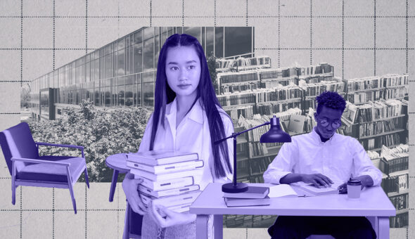 Architecture in relation to university image, Asian female student with long straight dark hair, wearing a light-colored button-down shirt and holding a stack of books, and Black male student with short curly dark hair, wearing a light-colored button-down shirt and glasses, sitting at the desk and reading with pictures of a library in the background.