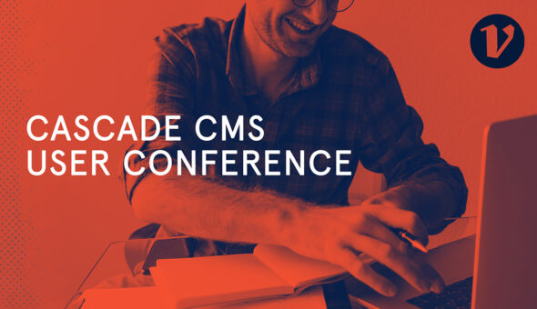 Cascade CMS User Conference image, a smiling male in dark-colored shirt typing on his laptop, orange background and image tones.