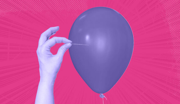 Complaint or crisis image, a hand with a needle popping a purple balloon, pink background.