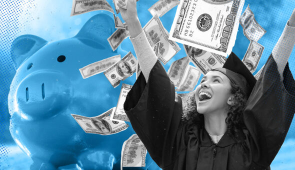 An image of a female graduate in a cap and gown throwing money above her head, a piggy bank behind her on the blue background.