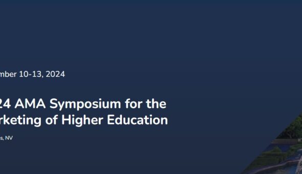 2024 AMA Symposium for the Marketing of Higher Education image, a photo of Las Vegas in the bottom right corner, navy blue background with conference details in white text.