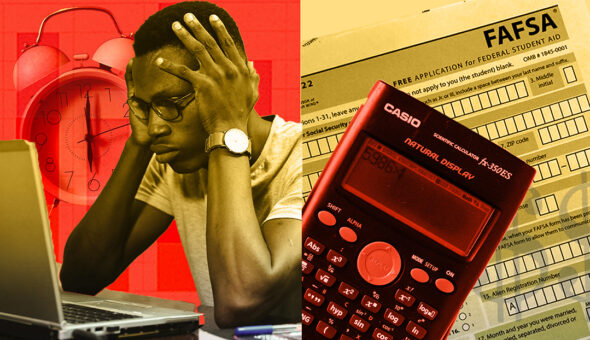 FAFSA Delays Cause Headaches for Students, Schools image. Left part of the image: a dark-skinned male looking at his laptop, holding his head in his hands and looking perplexed, wearing a light-colored t shirt, glasses and a watch on the red background. Right part of the image: casio calculator with the FAFSA application blank in the background.