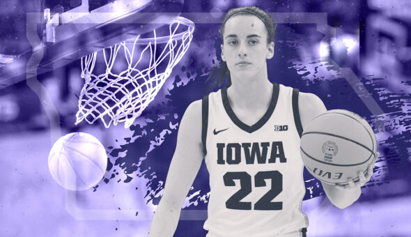 A picture of University of Iowa basketball player Caitlin Clark with a purple background and basketball hoop.