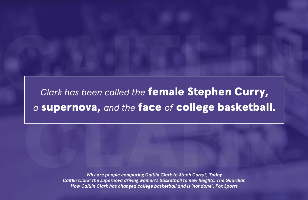 A visual quote that says Clark has been called the female Stephen Curry, a supernova and the face of college basketball.