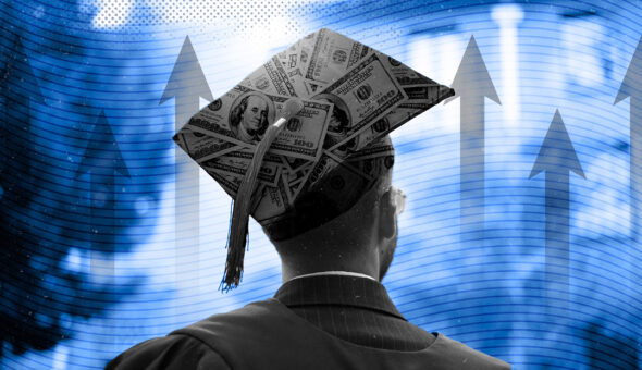 Are accreditors to blame for the growing cost of higher ed image, a male in his cap and gown with his back to the camera, dollars in cash are placed on his cap.