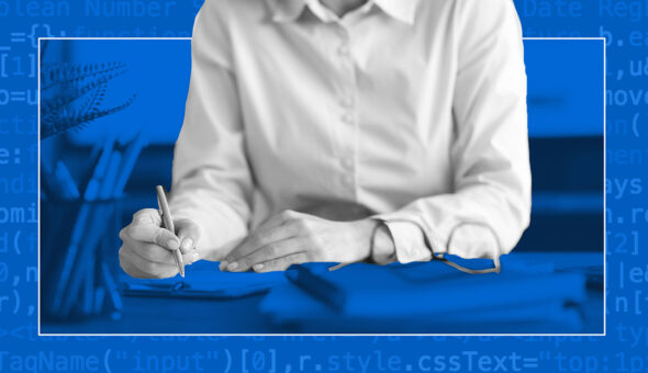 Incorporating AI into the Admissions Process image, female upper torso in a button-down shirt with a pen in her hand. Notebooks and reading glasses are placed on the table. Blue background.