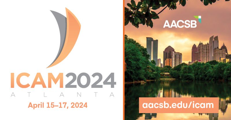 AACSB ICAM image, Atlanta, Georgia skyline on the right and ICAM 2024 text on the left.