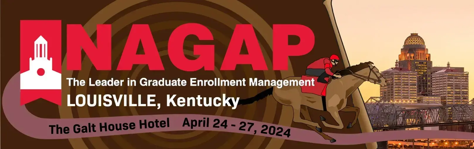NAGAP 2024 Graduate Enrollment Management Summit image, a man riding a horse and conference text.