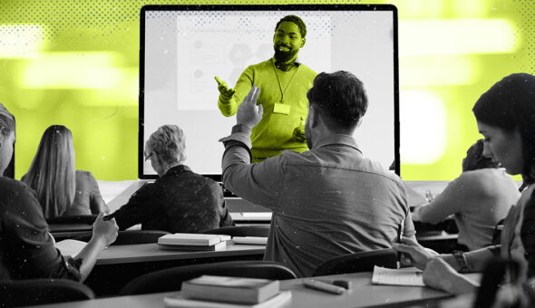 Image of a classroom with a digital presentation for the article titled The Digital Campus: Navigating the Future of Connected Education