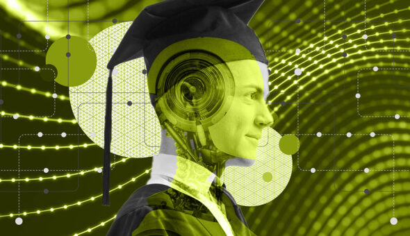 Rise of AI: Graduates and the Evolving Employment Landscape image, a surreal fusion of a human figure wearing a graduation cap with one side of the face transformed into machinery resembling a spiral turbine or gear.
