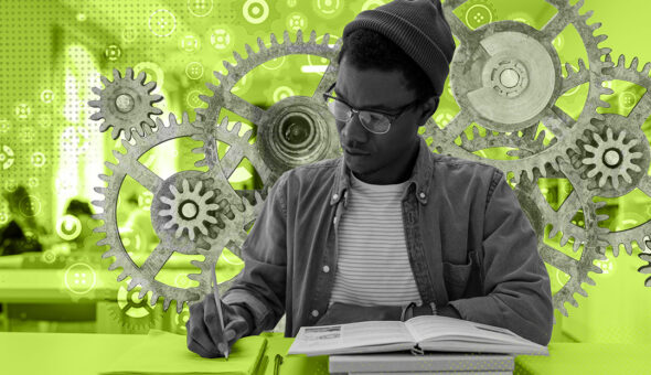 Helping Neurodiverse Students Reach Their Full Academic Potential image, a young man wearing a beanie, glasses, and a casual jacket while studying or reading a book. The background features an abstract design with large gear or cog-like shapes along with green and gray tones.