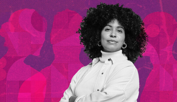 An image for the article "Marketing's Role in DEIB on Campus" featuring a woman of color with dark hair and a white shirt set against a purple background with hot pink human silhouettes.
