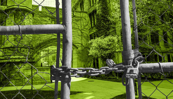 College Closures Surge Amid Financial Strain, Demographic Shifts article image, a lush, green garden or park setting is visible through a chain-link fence. The vibrant green foliage beyond the fence is emphasized, while the fence and chains are in grayscale.