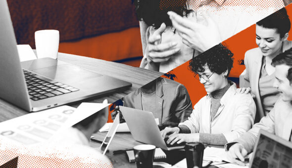 The Unsung Hero of Internal Communication article image, featuring a dynamic scene in a professional setting, blending monochrome and vibrant orange accents. In the foreground, a diverse group of colleagues is gathered around a laptop, engaged in a collaborative discussion. The background shows various elements of a modern workspace, including charts and coffee cups.