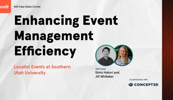 Enhancing Event Management Efficiency a case study with Localist Events and Southern Utah University. One image bubble is Shiro Hatori, a young man with dark hair and a black shirt. The other is of Jill Whitaker, a woman with long blond hair and a blue print shirt.