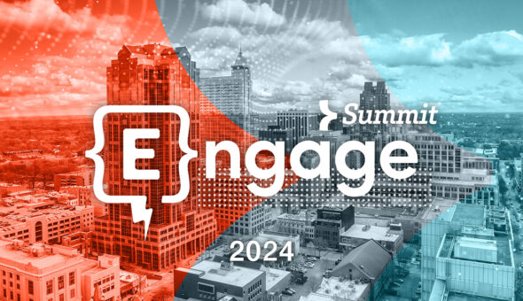 The image features a promotional graphic for the Engage Summit 2024. It showcases a city skyline with buildings under a partly cloudy sky. The design includes a vibrant red and blue color scheme with a dynamic overlay pattern. The text displays "Engage Summit 2024" with the word "Engage" in large, bold letters and the year "2024" below.