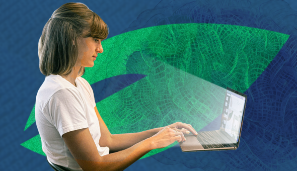 A picture of a young woman with short hair wearing a white t-shirt in profile as she reviews a laptop screen showing an AI admissions recruiter. The background image is an overlay of binary code over the CollegeVine logo.