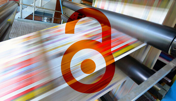 Nontraditional university presses lead the charge for open access. However, funding challenges may stall momentum image, featuring a blurred, fast-moving printing press. Overlaid on the image is the orange open access (OA) symbol, which represents unrestricted online access to research outputs, such as academic publications. The combination of the printing press and the open access symbol highlights the evolving landscape of university publishing houses and presses, emphasizing the shift toward more accessible and freely available academic content