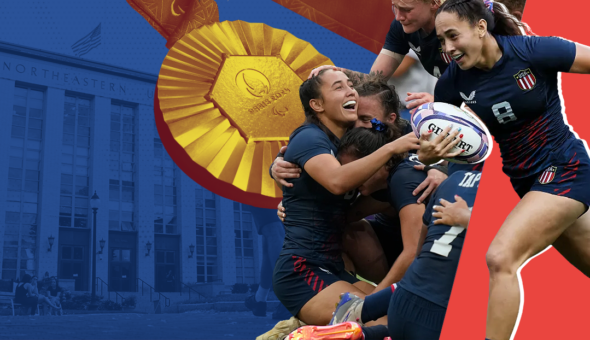 Universities are turning gold Olympics moments into marketing magic. image, a collage featuring a group of female rugby players celebrating a victory, with one player holding a rugby ball. The players are wearing navy blue uniforms with the U.S. flag emblem. In the background, a large gold medal is prominently displayed. On the left side of the image, a monochromatic blue background depicts the front of a building with the words "Northeastern University."