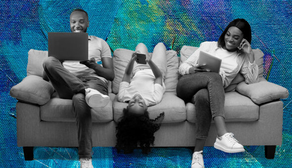 A family of three enjoying different types of media: a father with a laptop, a child with a cell phone, and mother with a tablet. These represent generational media shifts in the media landscape.