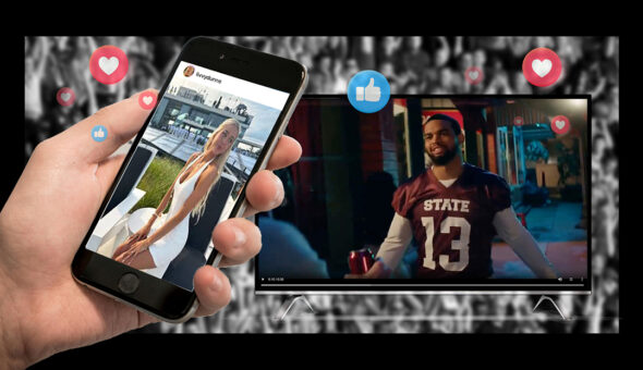 Student athletes in NIL sponsorships. To the right, a TV showing a commercial with Caleb Williams and to the left a phone with a Livvy Dunne social media post.