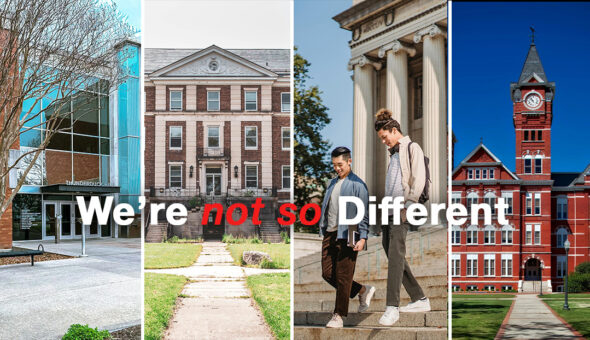 Four different types of college campuses side by side with the word "we're not so different" emblazoned across the middle to showcase college branding strategy of being distinct not different.